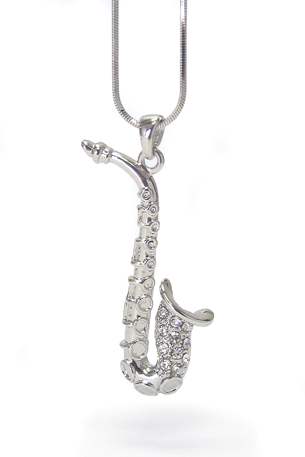 MADE IN KOREA WHITEGOLD PLATING CRYSTAL STUD  MUSIC THEME SAXOPHONE PENDANT NECKLACE