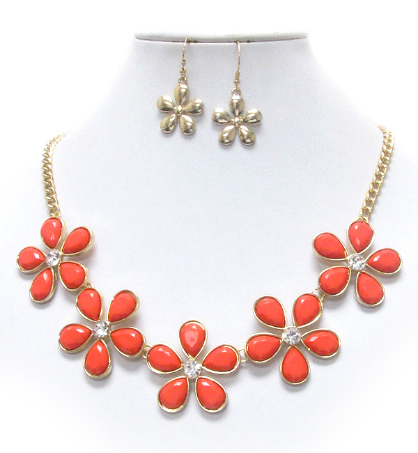 Facet acrylic stone deco multi flower link necklace earring set