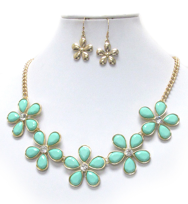 Facet acrylic stone deco multi flower link necklace earring set