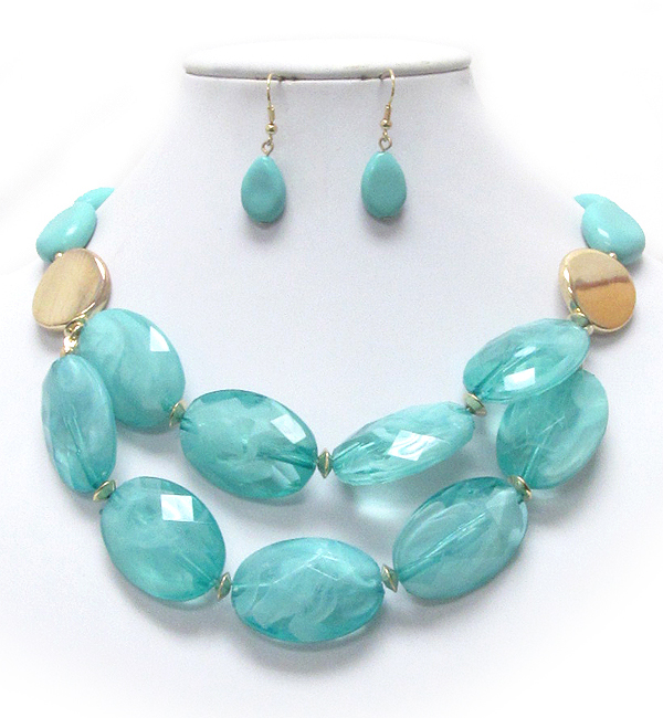 Double layer facet oval stone necklace earring set
