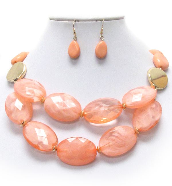 Double layer facet oval stone necklace earring set