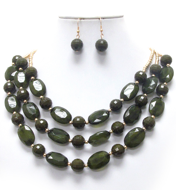 Multi facet acrylic stone 3 layered necklace earring set