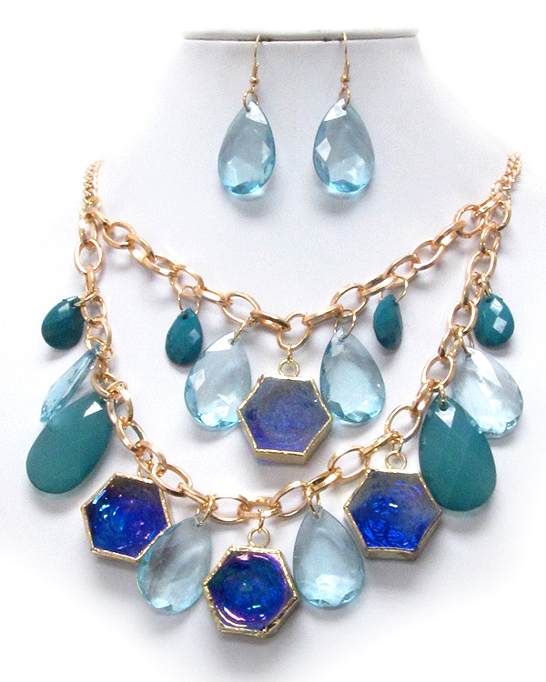 Multi teardrop and metal hexagon deco double layered chain necklace earring set