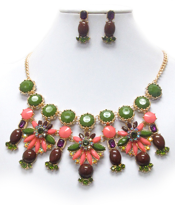 Multi crystal and facet stone mix flower link shourouk style necklace earring set