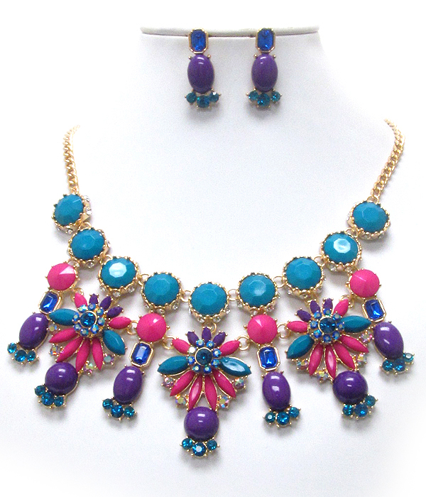 Multi crystal and facet stone mix flower link shourouk style necklace earring set