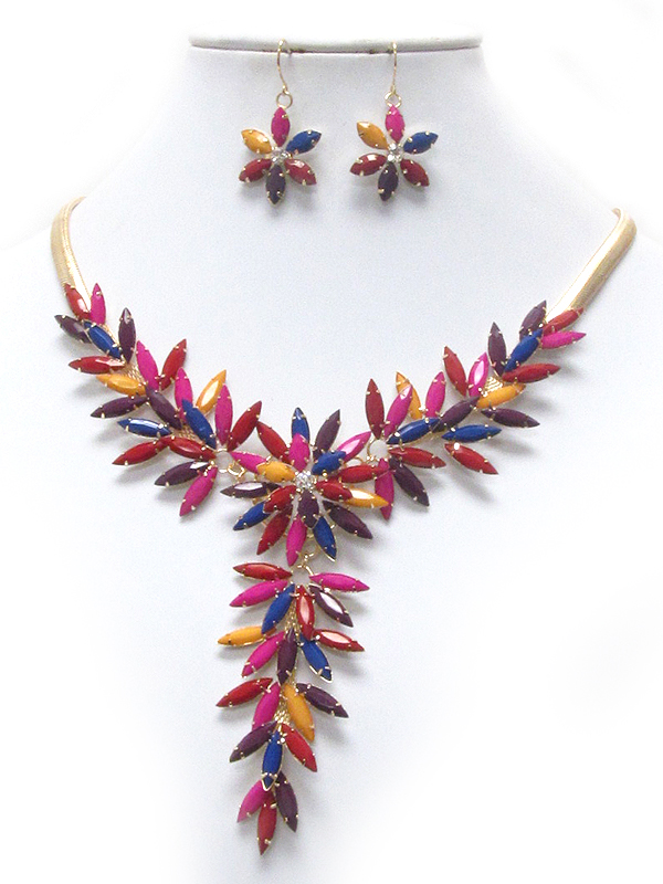 Multi acrylic arrowhead deco flower drop and snake chain shourouk style necklace earring set