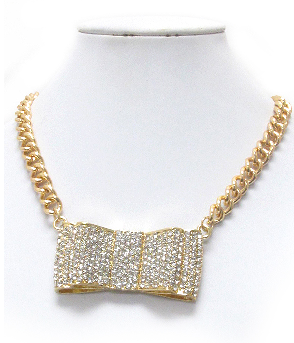 Multi crystal deco large bow and chain necklace