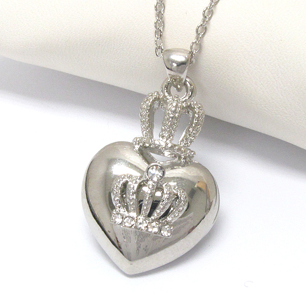 Premier electro plating crystal crown on puffy heart pendant necklace -valentine
