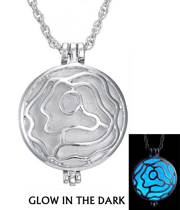 Metal filigree rose glow in the dark necklace