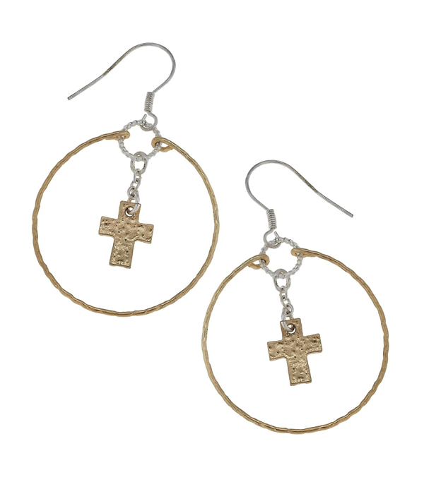 Handmade cross dangle wire hoop earring