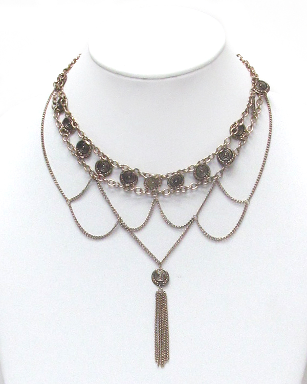 Bohemian style hanging chain and tassel drop necklace