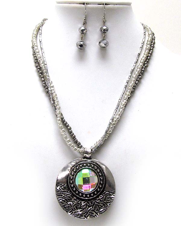Facet glass center and natural shape large metal disk drop multi beads necklace earring set 