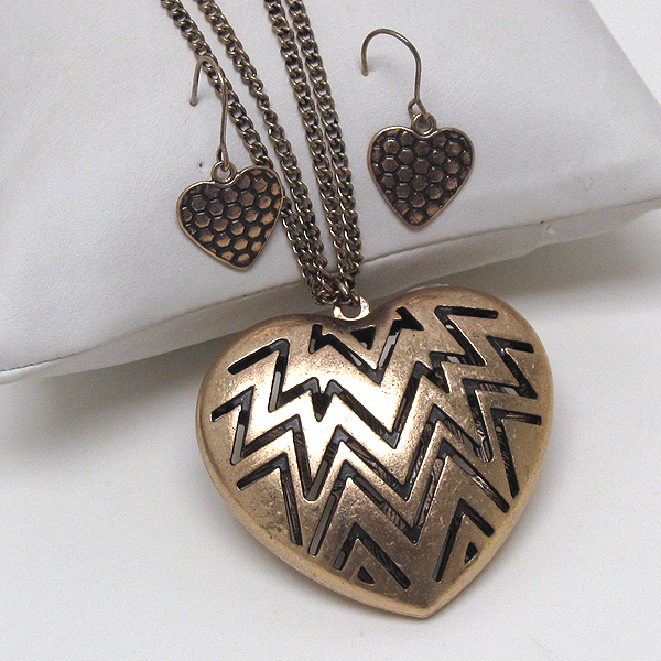 Azteca metal heart pattern long chain necklace earring set -western