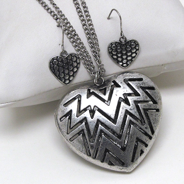 Azteca metal heart pattern long chain necklace earring set -western