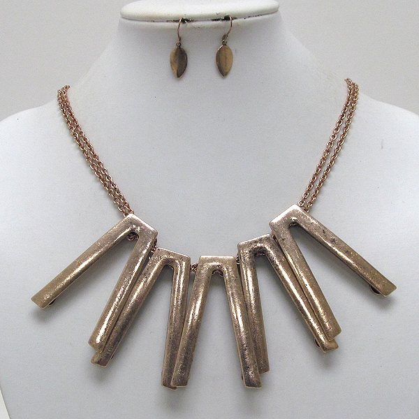 ACHITECTURAL SCRATCH METAL V TUBS DOUBLE CHAIN NECKLACE EARRING SET