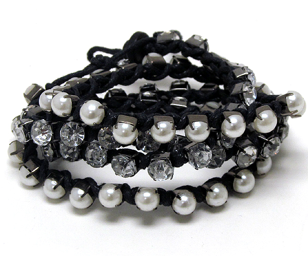 Multi crystal and pearl strands long chain bracelet - free wrap style