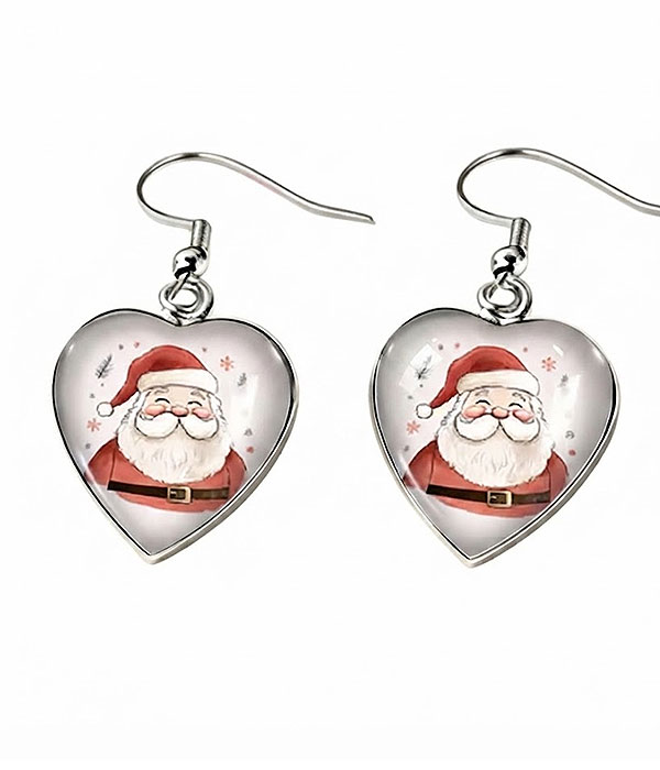 Christmas puffy glass heart earring - santa