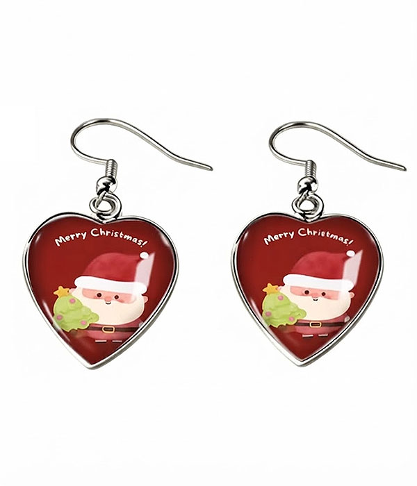 Christmas puffy glass heart earring - santa