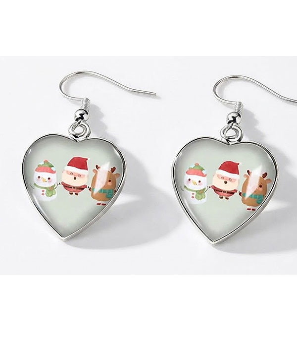 Christmas puffy glass heart earring - santa