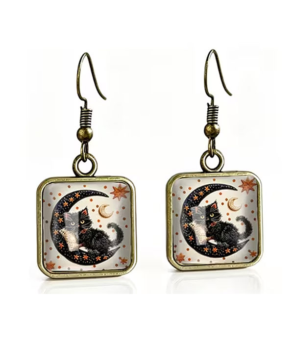 Halloween puffy glass earring - cat and moon