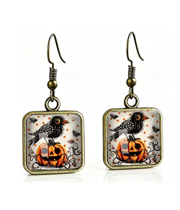 Halloween puffy glass earring - crow and pumpkin