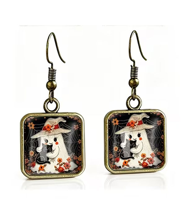 Halloween puffy glass earring - ghost and cat