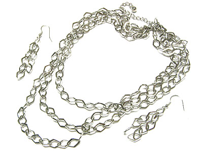 Multi row metal chain link necklace and earring set