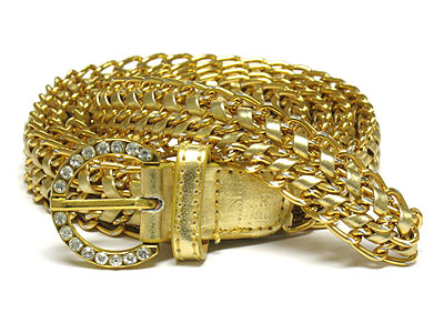 Crystal buckle meshed leather belt