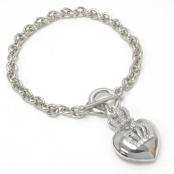 Premier electro plating crystal crown on puffy heart charm toggle bracelet