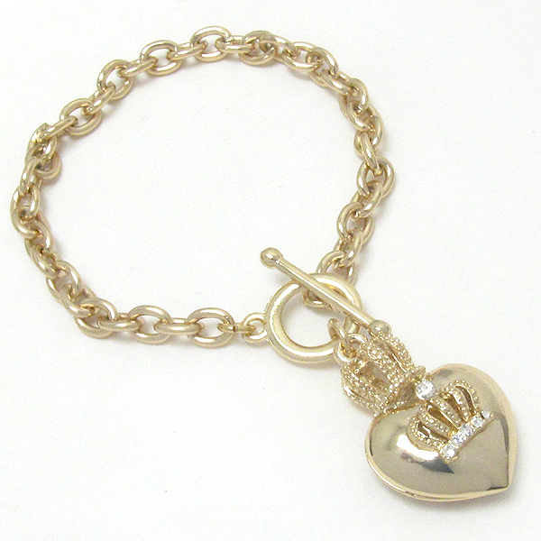 Premier electro plating crystal crown on puffy heart charm toggle bracelet