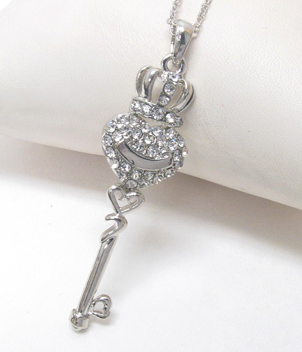 Premier electro plating crsytal puffy heart and crown and key drop necklace