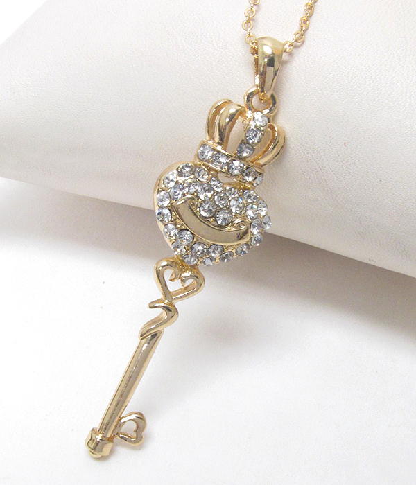 Premier electro plating crsytal puffy heart and crown and key drop necklace