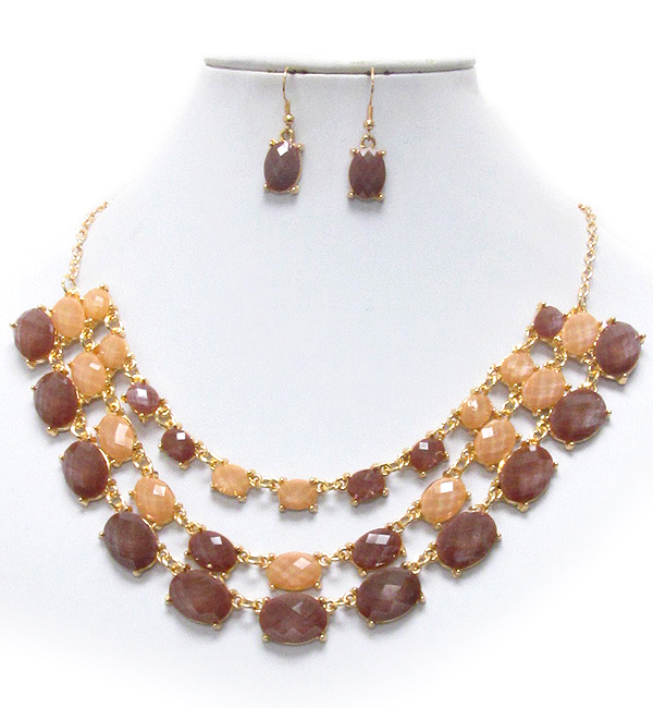 MULTI FACET ACRYLIC STONE DECO 3 LAYERED NECKLACE EARRING SET