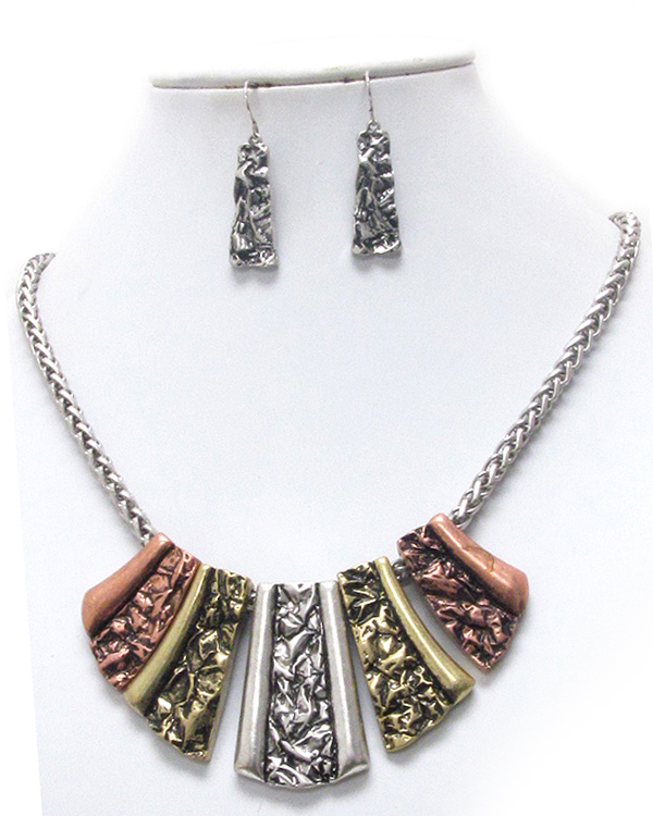 Textured metal tribal necklace earring set