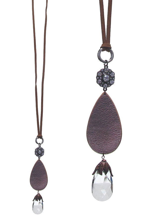 CRYSTAL AND LEATHER TEARDROP LONG NECKLACE