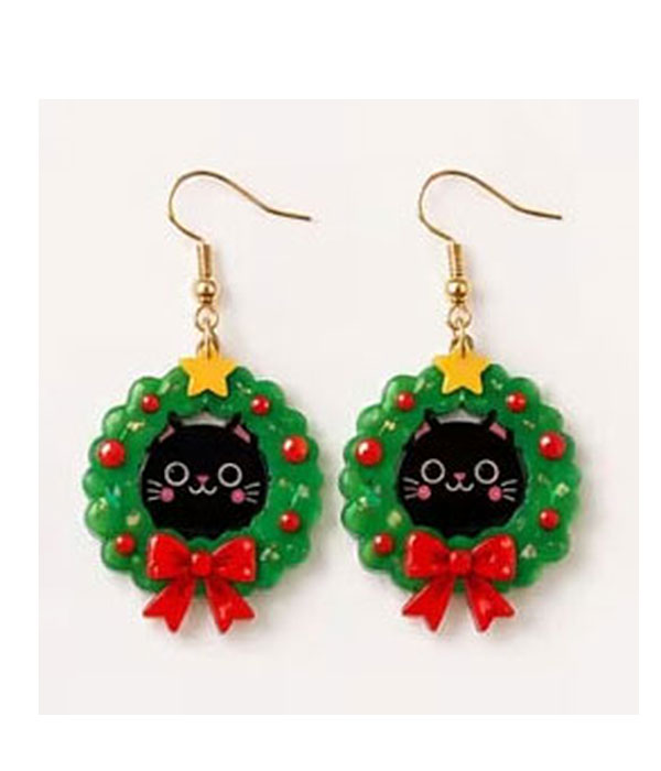 Christmas theme cat acrylic earring - wreath