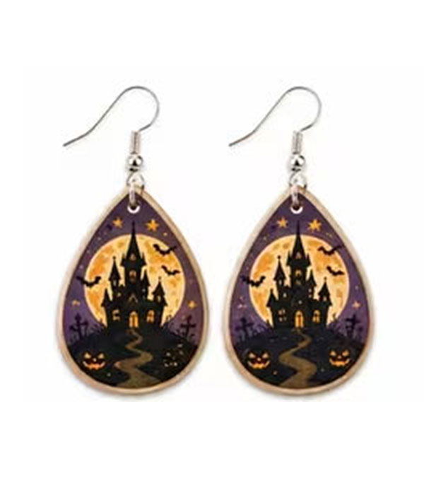 Halloween teardrop wood earring - castle