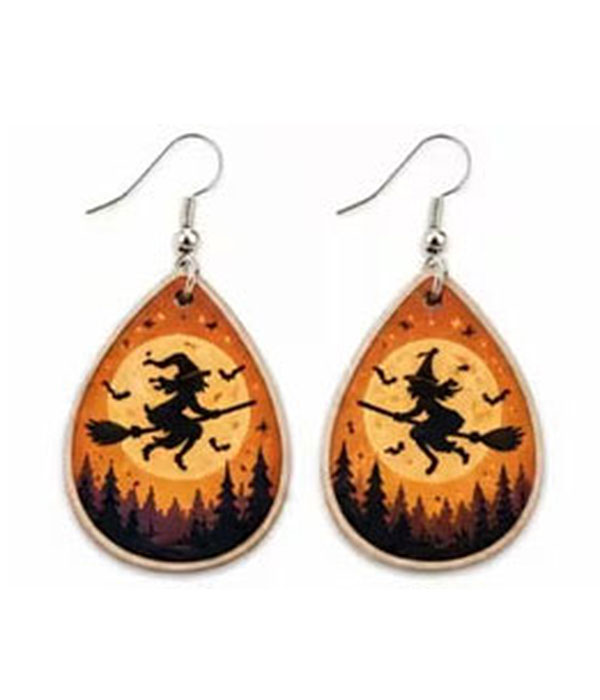 Halloween teardrop wood earring - witch