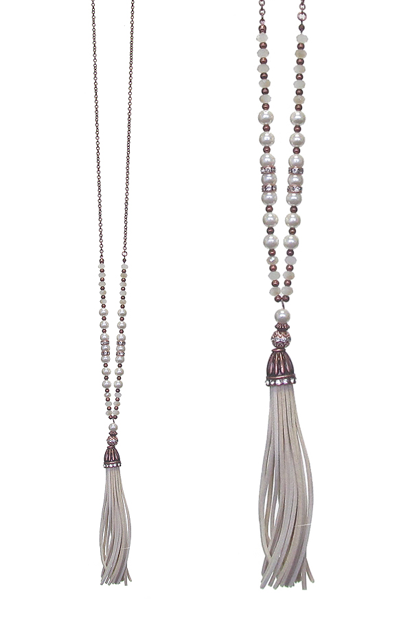 LEATHER TASSEL DROP AND MULTI BEAD MIX LONG NECKLACE