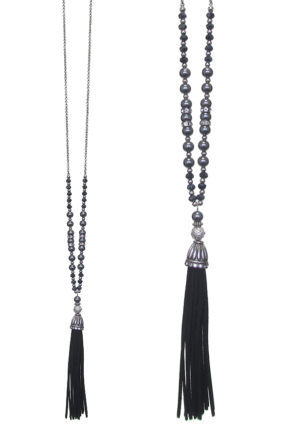 Leather tassel drop and multi bead mix long necklace