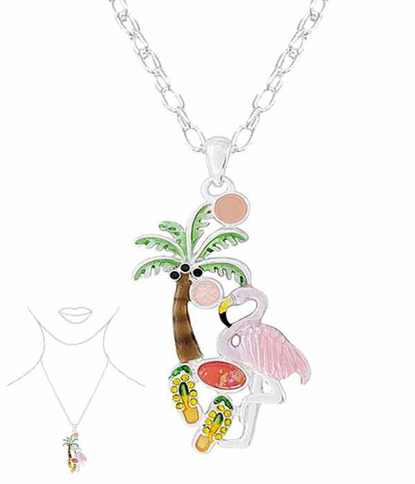 TROPICAL THEME EPOXY PENDANT NECKLACE - PALM TREE FLAMINGO FLIPFLOP