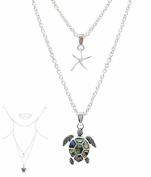 Abalone double pendant and layer necklace - turtle starfish