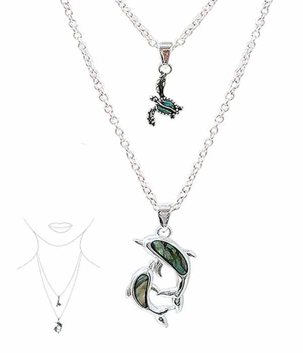 ABALONE DOUBLE PENDANT AND LAYER NECKLACE - DOLPHIN TURTLE