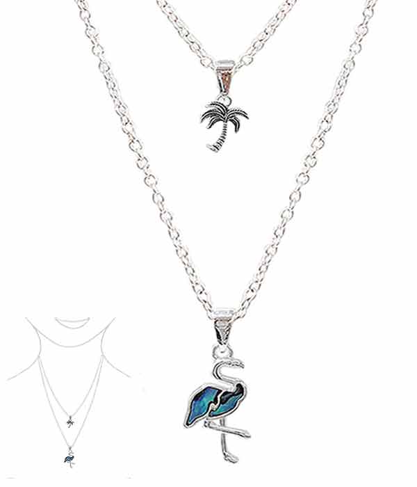 ABALONE DOUBLE PENDANT AND LAYER NECKLACE - PALM TREE FLAMINGO