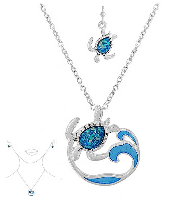 SEALIFE THEME OPAL AND EPOXY PENDANT NECKLACE SET - TURTLE WAVE