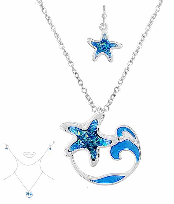 SEALIFE THEME OPAL AND EPOXY PENDANT NECKLACE SET - STARFISH WAVE