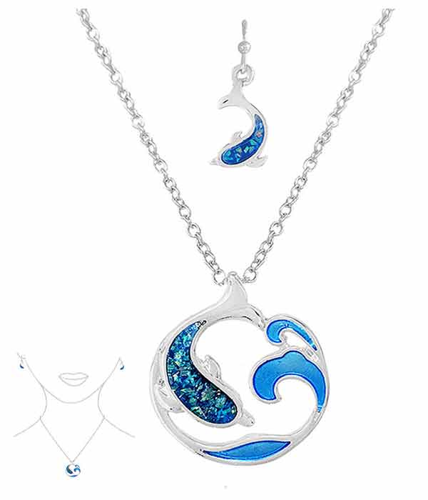 SEALIFE THEME OPAL AND EPOXY PENDANT NECKLACE SET - DOLPHIN WAVE