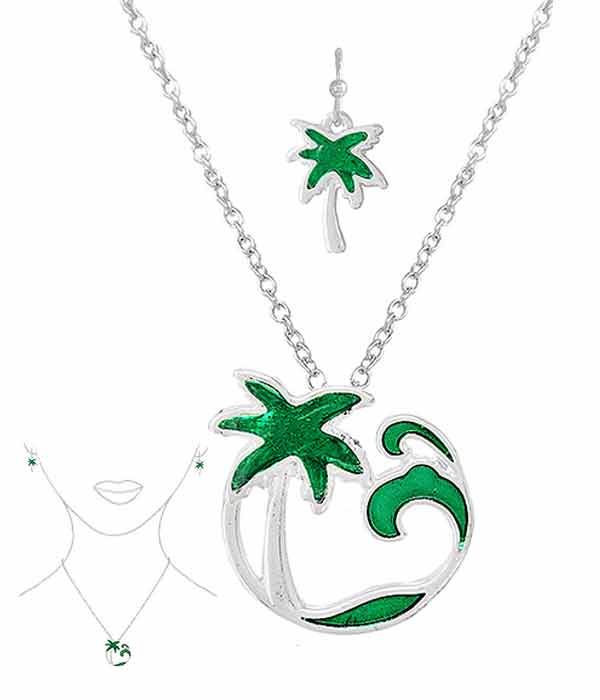 SEALIFE THEME OPAL AND EPOXY PENDANT NECKLACE SET - PALM TREE WAVE