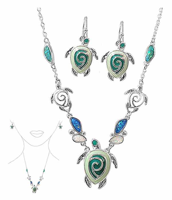 SEALIFE THEME OPAL AND EPOXY PENDANT NECKLACE SET - TURTLE