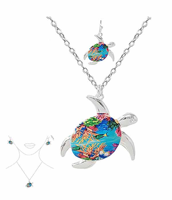 SEALIFE THEME PAINT ART PENDANT NECKLACE SET - TURTLE